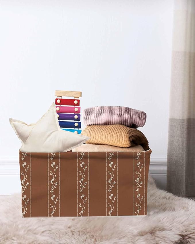 Brown Flowers Branch Storage Bins Cubes Waterproof Cloth Storage Basket, Spring Summer Farmhouse Botanical Foldable Storage Bags for Shelf Closet Clothes Organizers with Handles 15x11x9.5 in 1PCS