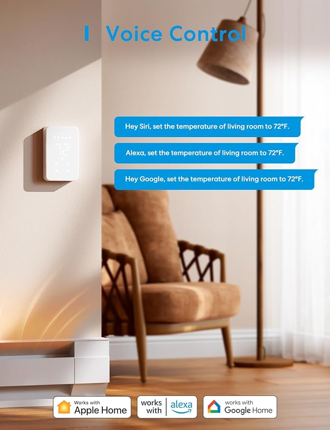 meross Smart Thermostat for Electric Baseboard and in-Wall Heaters Work with HomeKit, Alexa and Google Home, 120V-240V Wi-Fi Programmable Thermostat with Easy Install, Energy Saving, 4 Wires Needed