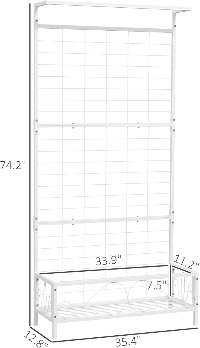 Outsunny Tall Plant Stand with Trellis and Hanging Bar, Metal Plant Holder Flower Stand for Vine Climbing Plants Flowers Indoor Outdoor Use, 36" x 12.8" x 74", White