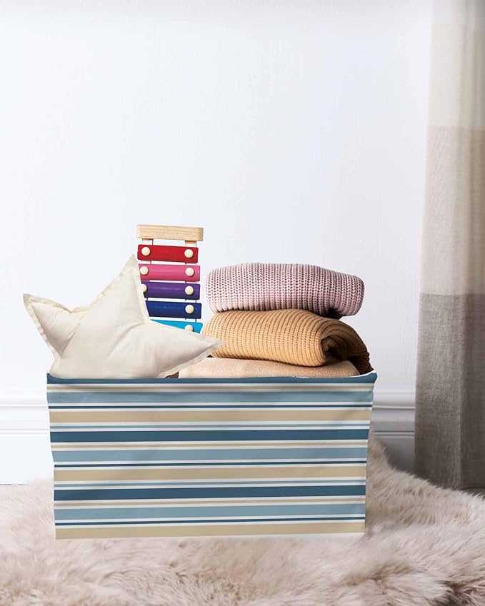 Khaki Blue Striped Storage Bins Cubes Waterproof Cloth Storage Basket,Farmhouse Stripes Modern Abstract Art Foldable Storage Bags for Shelf Clothes Storages Organizers with Handles 15x11x9.5 in 2PCS