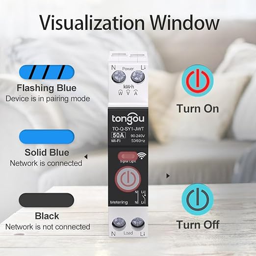 TONGOU DIY 1P+N Smart Wi-Fi Switch, Work with Alexa and Google Assistant for Voice Control, 50A with Energy Monitor, Smart Life/Tuya APP Remote Control, Timer Functions, DIN Rail Mounted,FCC Certified