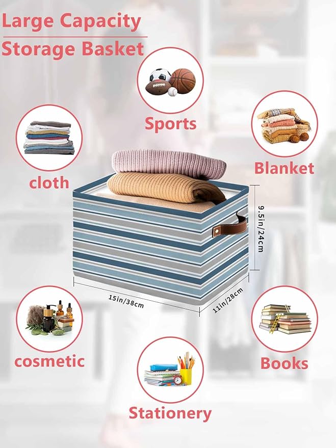 Blue Grey Striped Storage Bins Cubes Waterproof Cloth Storage Basket,Farmhouse Stripes Modern Abstract Art Foldable Storage Bags for Shelf Clothes Storages Organizers with Handles 15x11x9.5 in 2PCS