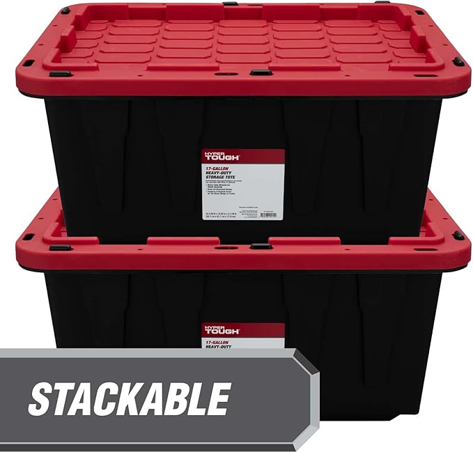 Tough 27 Gallon Plastic Storage Bin with Snap Lid, Stackable, Lockable, Black/Red, Set of 6, Heavy-Duty, Durable, Multi-Purpose Storage Containers for Indoor & Outdoor Use