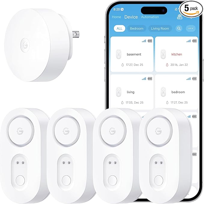 GoveeLife Upgraded Smart Water Leak Detector 1s with 1804 ft Ultra-Long Range, WiFi Water Sensor with SMS/Email/APP Push and Sound Alarm, 5-Year Battery Life, Suit for Home, Basement, Kitchen, 4 Pack