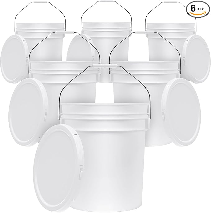 5-Gallon White Bucket Pail Container with Lid | Food Grade | Heavy-Duty 90MIL Extra Durable | Metal Handles with Plastic Grip for Easy Carrying | Multi-Use | Easy Stack and Store | BPA Free - 6 Pack