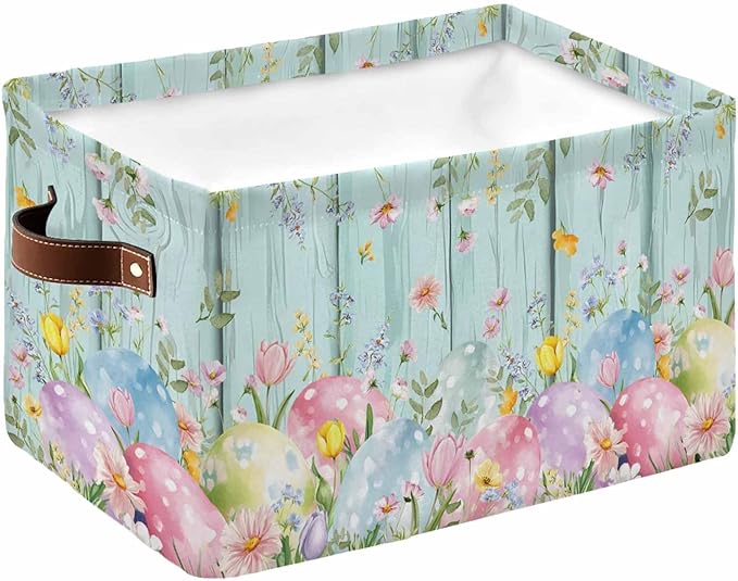 Easter Eggs Storage Bins Cubes Waterproof Cloth Storage Basket,Spring Daisy Eucalyptus Leaves Teal Wooden Foldable Storage Bags for Shelf Clothes Storages Organizers with Handles 15x11x9.5 in 1PCS