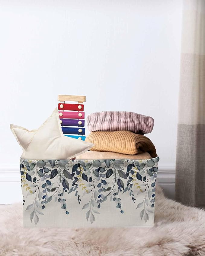 Blue Grey Eucalyptus Storage Bins Cubes Waterproof Cloth Storage Basket,Farmhouse Weeping Leaves on Linen Foldable Storage Bags for Shelf Clothes Storages Organizers with Handles 15x11x9.5 in 2PCS