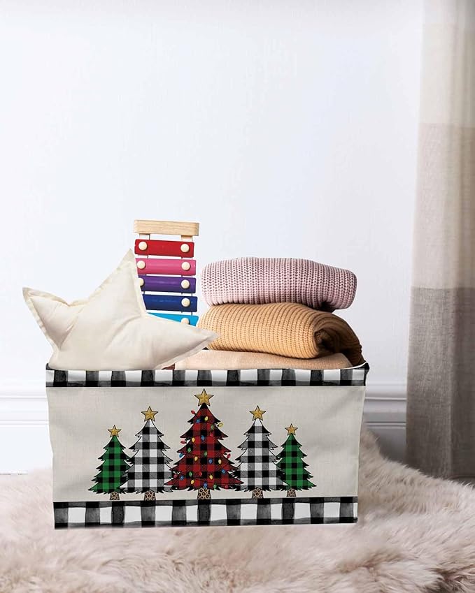Christmas Tree Storage Bins Cubes Waterproof Cloth Storage Basket, Xmas Farmhouse Buffalo Plaid Retro Foldable Storage Bags for Shelf Closet Clothes Organizers with Handles 15x11x9.5 in 1PCS