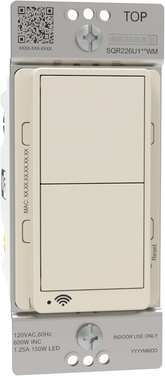 Square D by Schneider Electric X Series 15 Amp WiFi Energy Monitoring Light Switch, Single-Pole/3-way, 600 Watt, Rocker, Matter Certified, Works with Alexa, Google Home, Apple Home, Matte Light Almond