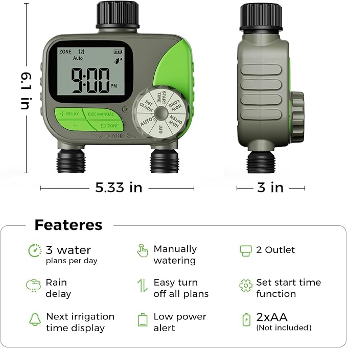 Sprinkler Timer, Watering Timer for Garden Hose, 2 Outlets Programmable Hose Timers with Rain Delay, Outdoor Soaker Auto & Manual Drip Irrigation Controller System for Lawn Yard Greenhouse