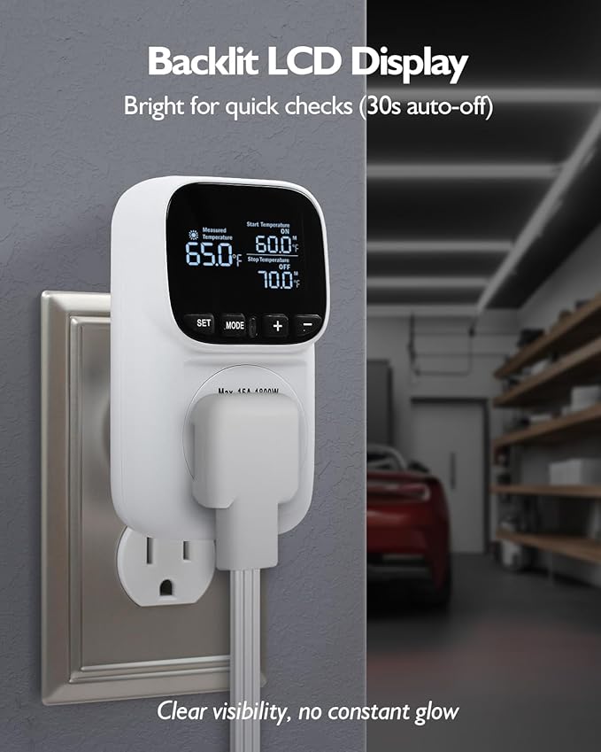 Digital Temperature Controller, Heating & Cooling Thermostat Plug Outlet, –40°F~210°F, 15A 1800W, LCD Display, Temperature Controlled Outlet for Home, Greenhouse, Chicken Coop, Reptile