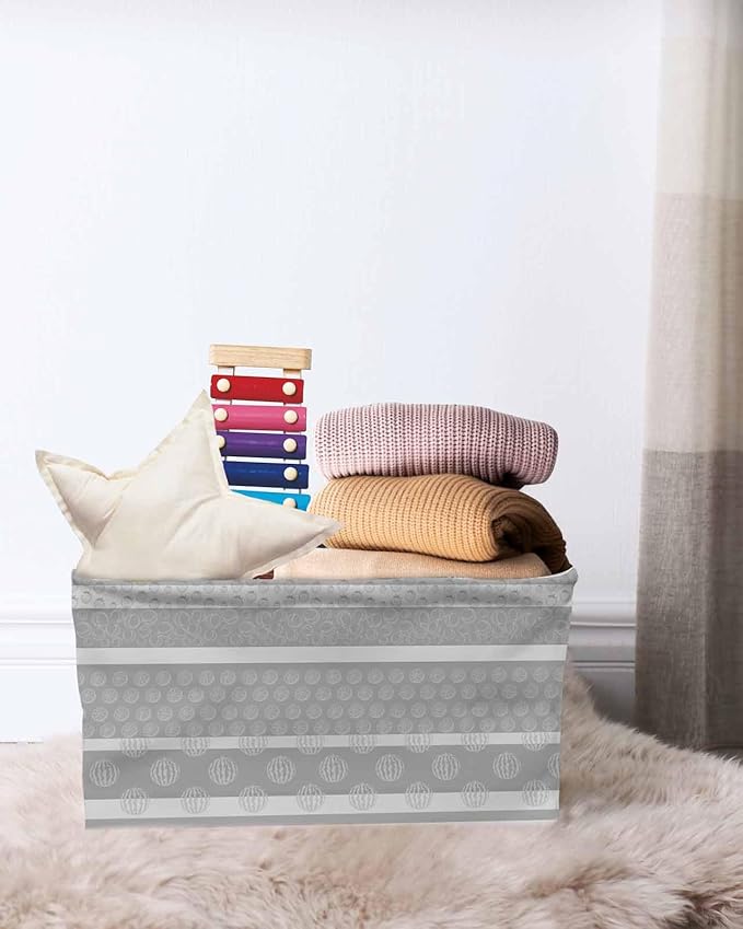 Farm Fruits Storage Bins Cubes Waterproof Cloth Storage Basket,Watermelon Lemons Peach Strawberry Grey Striped Foldable Storage Bags for Shelf Storages Organizers with Handles 15x11x9.5 in 2PCS