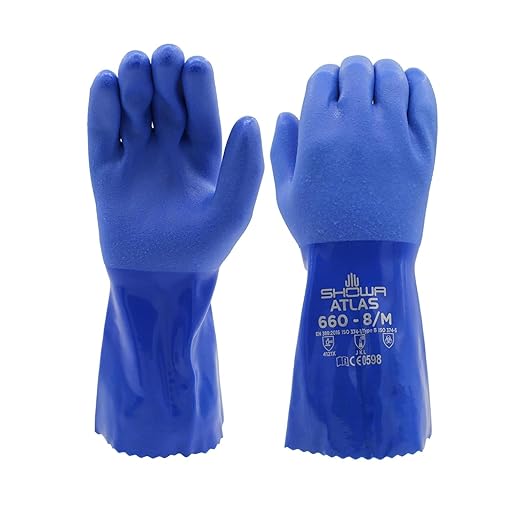 SHOWA Atlas 660 Triple-Dipped PVC Chemical Resistant Gloves, Heavy-Duty Gloves, Rough Finish Grip, Seamless Cotton Liner, 12" Length, Blue, XX-Large, Vending 12-Pack