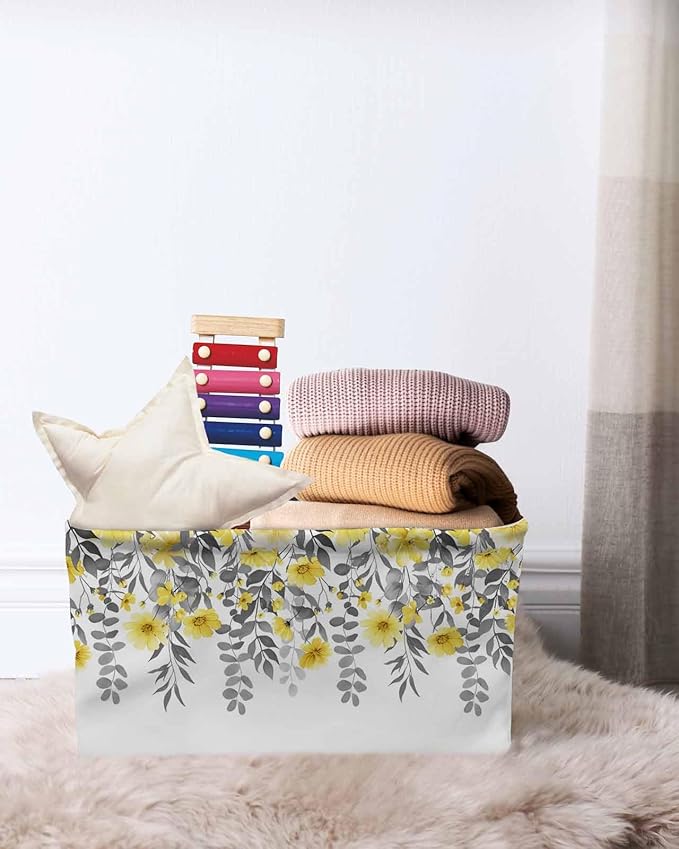 Yellow Floral Storage Bins Cubes Waterproof Cloth Storage Basket, Farmhouse Spring Flowers Leaves Foldable Storage Bags for Shelf Closet Clothes Storages Organizers with Handles 15x11x9.5 in 2PCS