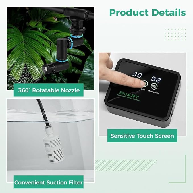 Reptile Humidifier with Smart Timer, Automatic Mist Spray System, 360° Adjustable Nozzles and Touch Screen Control for Vivarium Setup