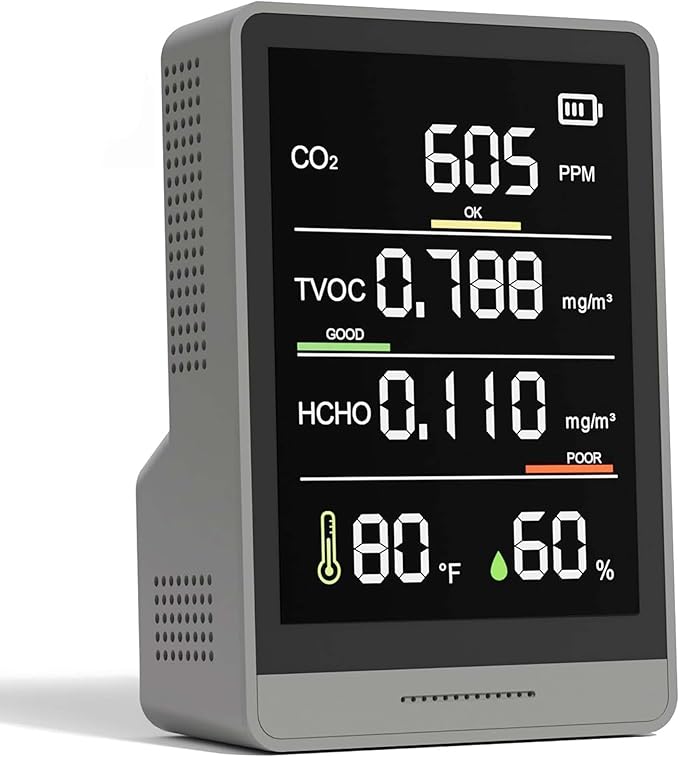 5-in-1 Professional Indoor Air Quality Monitor Indoor Portable CO2 Monitor | Temperature | Formaldehyde Detector | Humidity TVOC | Air Quality Tester - Confined Space Clean Air Monitor (Ash Gery)