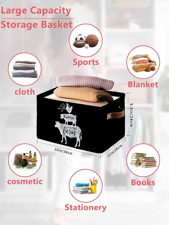 Farm Animals Storage Bins Cubes Waterproof Cloth Storage Basket, Cow Pig Rooster Rustic Vintage Black Foldable Storage Bags for Shelf Closet Clothes Organizers with Handles 15x11x9.5 in 2PCS