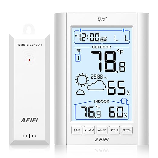 Indoor Outdoor Thermometer Hygrometer Wireless Weather Station - Inside Outside Thermometers Hygrometer Monitor with 330ft Remote Sensor, Battery Powered, Backlight Display (White)