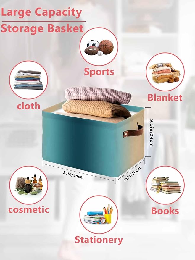 Turquoise Yellow Ombre Storage Bins Cubes Waterproof Cloth Storage Basket,Farmhouse Modern Gradient Art Foldable Storage Bags for Shelf Clothes Storages Organizers with Handles 15x11x9.5 in 2PCS
