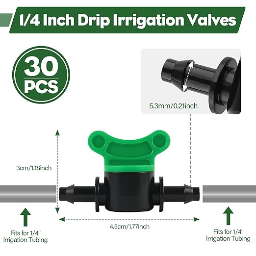 Kalolary 1/4" Drip Irrigation Valves, 30PCS Drip Line Barbed Valves Fittings Garden Shut Off Switch Valve for 4/7mm Tube Water Flow Control Drip Line Parts Cut Off Valve for Watering System (Green)