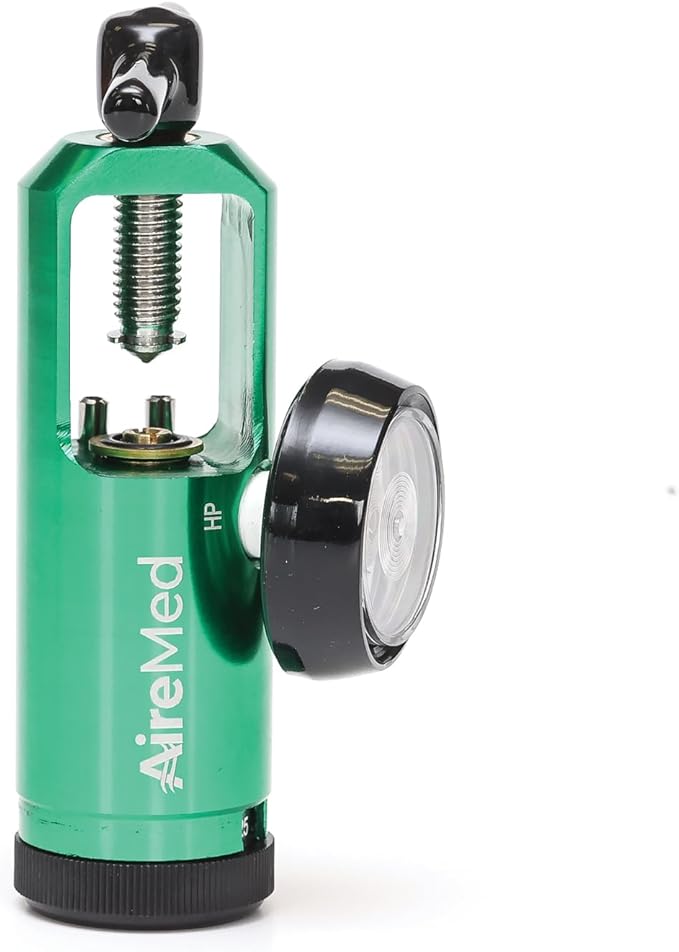 AireMed Oxygen Regulator 0-25LPM, CGA-870 Gauge Flow Rate – Includes Wrench Key, 5 Brass Yoke Washer Seals, and 2 Oxygen Tubing Swivel Connectors - Ergonomic Handle Design - Green