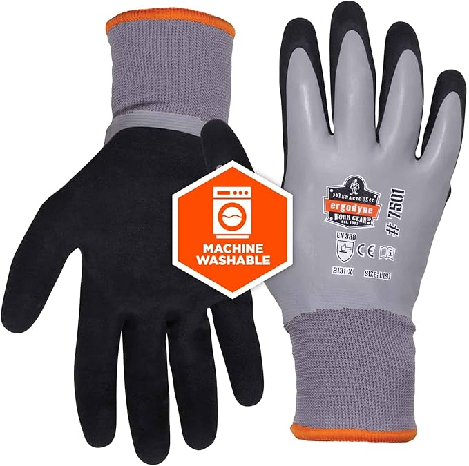 Ergodyne ProFlex 7501 Coated Waterproof Winter Work Gloves, Sandy Nitrile Coated Palms, Thermal Fleece Lining, 12-PK