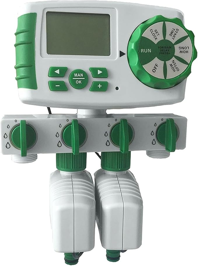 Automatic 4-Zone Irrigation System Watering Timer, Garden Water Timer Controller System with 2 Solenoid Valve(Green2)