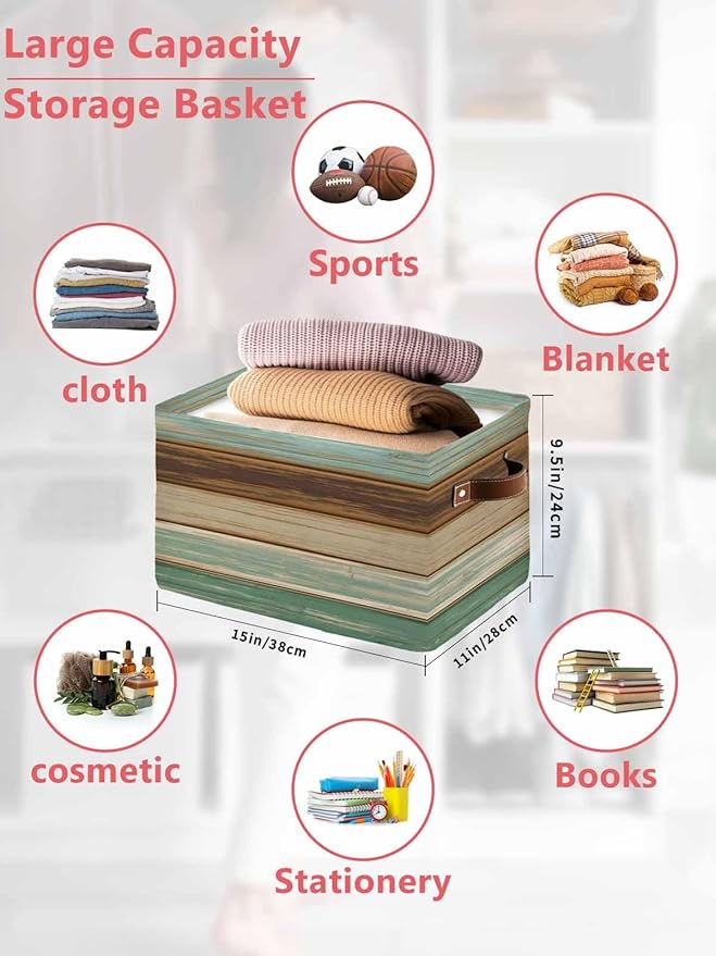 Teal Brown Storage Bins Cubes Waterproof Cloth Storage Basket, Farmhouse Rustic Wooden Plank Board Foldable Storage Bags for Shelf Closet Clothes Storage Organizers with Handles 15x11x9.5 in 1PCS