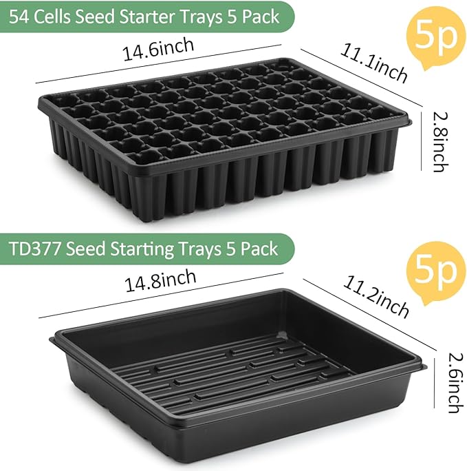 RooTrimmer 5 Pack Seedling Starter Trays No Holes and 5 Pack 54 Cell Seed Starter Trays Extra Deep 2.8" - Heavy Duty Plastic Nursery Trays for Seed Germination & Plant Propagation (5 Sets)