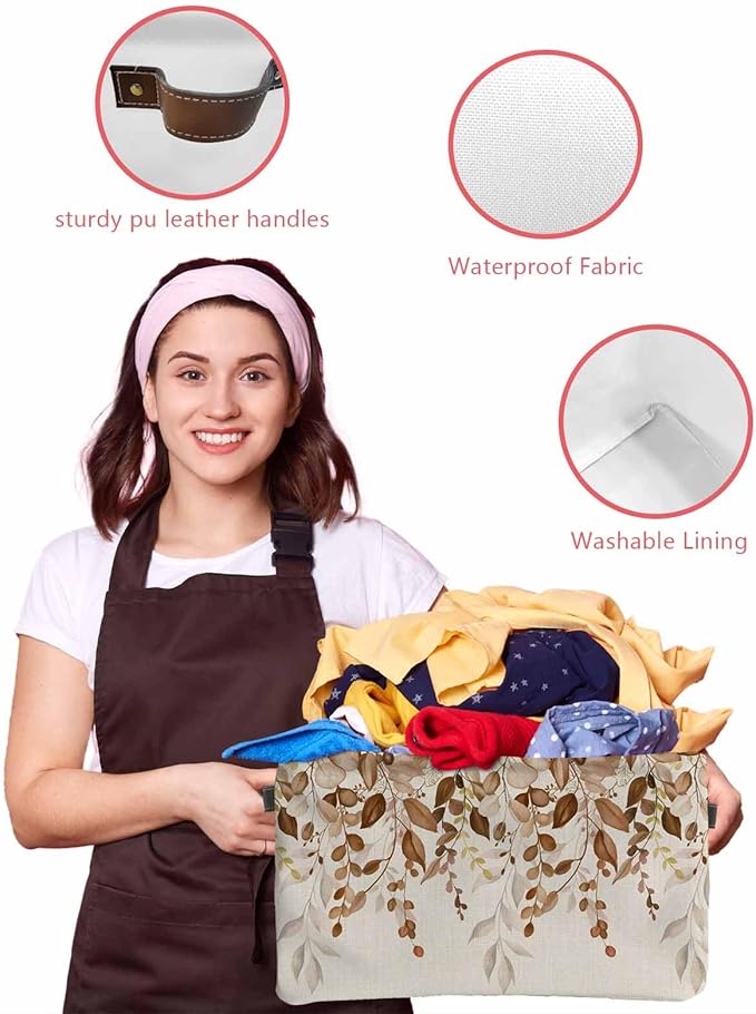 Brown Orange Eucalyptus Storage Bins Cubes Waterproof Cloth Storage Basket,Farmhouse Weeping Leaves Linen Foldable Storage Bags for Shelf Clothes Storages Organizers with Handles 15x11x9.5 in 2PCS