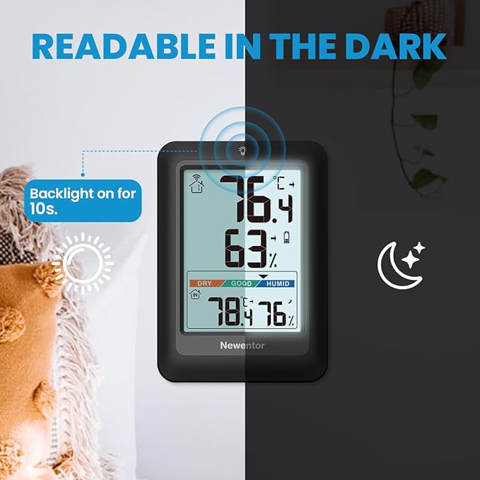 Newentor Indoor Outdoor Thermometer Wireless, Weather Stations Wireless Indoor Outdoor, Outdoor Thermometers for Patio House, Outside Inside Thermometers with Comfort Indicator, Black with 1 Sensor