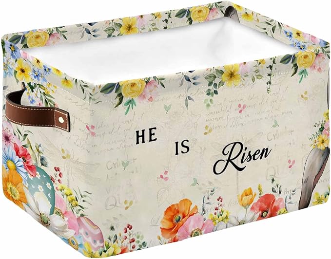 Easter Storage Bins Cubes Waterproof Cloth Storage Basket, Spring Watercolor Vintage Bunny Eggs Flower Foldable Storage Bags for Shelf Closet Clothes Storages Organizers with Handles 15x11x9.5 in 1PCS