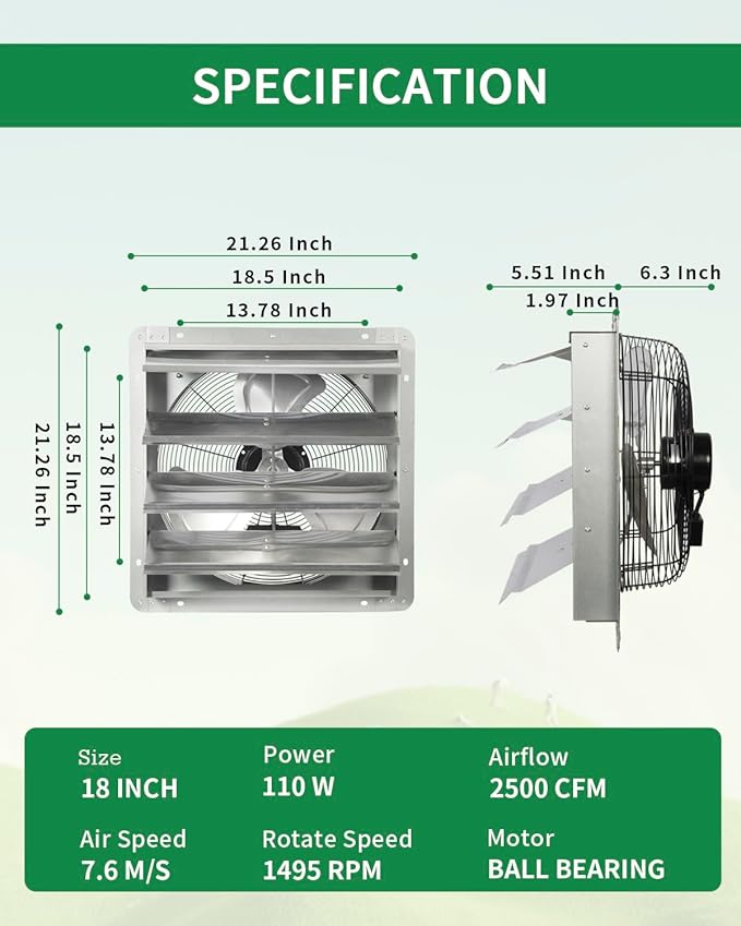 18 Inch Shutter Exhaust Fan, Vent Fan with Power Cord Wall-Mount, High Speed 1520CFM for Garages, Attic, Shops, Greenhouse