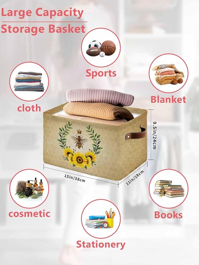 Sunflowers Storage Bins Cubes Waterproof Cloth Storage Basket,Farmhouse Bees Spring Summer Watercolor Floral Leaf Foldable Storage Bags for Shelf Storages Organizers with Handles 15x11x9.5 in 2PCS