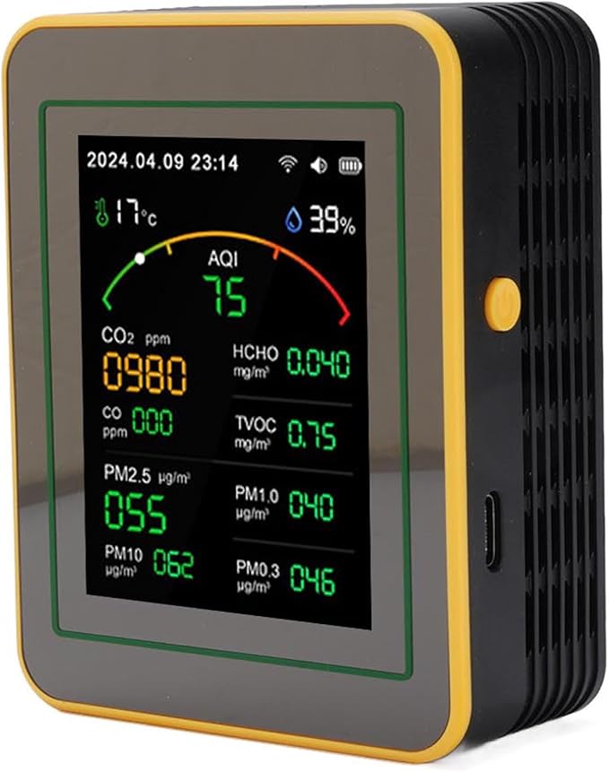 Eujgoov Air Quality Detector, 15 in 1 WiFi APP Control CO2 HCHO TVOC PM2.5 PM10 Temperature Humidity Monitor, with Smart Timer and Real Time Data, for Indoor Air Quality Tester (Black Yellow)