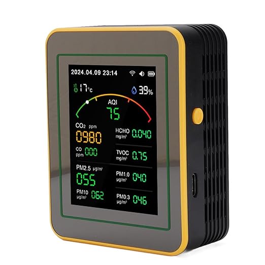 Air Quality Detector, 15 in 1 WiFi APP Control CO2 HCHO TVOC PM2.5 PM10 Monitor, Humidity Temperature Detector with Smart Timer & Curve Recording, Ideal for Indoor Air Quality (Black Yellow)