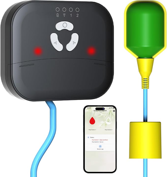 Smart WiFi High/Low Sump Pump Alarm, Float Switch Water Level Detector, Free APP Alerts, 90dB Siren, LED, IP44 Waterproof, Easy-Install, Prevents Water Damage in Basement, Septic Tank, Water Tank