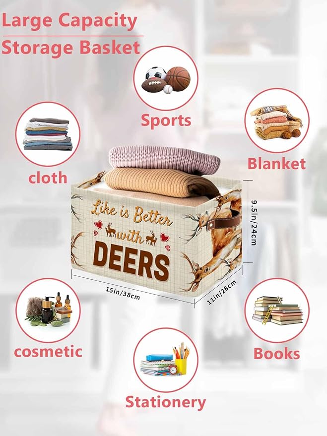 Deer Storage Bins Cubes Waterproof Cloth Storage Basket,Wildlife Animals Rustic Farmhouse Country Nature Elk Foldable Storage Bags for Shelf Clothes Storages Organizers with Handles 15x11x9.5 in 1PCS
