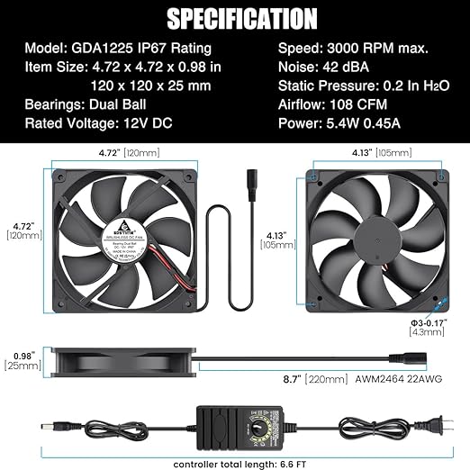 GDSTIME 120mm Waterproof Fan with Speed Controller, IP67 12V Computer Fan with AC Plug, 110V 120V 220V AC Powered Ventilation Exhaust Fans for Receiver Terrarium Biltong Box Grow Tent Cabinet Cooling