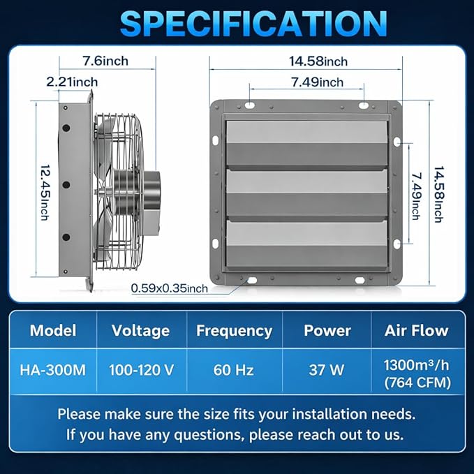 Hon&Guan 12 Inch Shutter Exhaust Fan with Stepless Speed Controller, 764 CFM High Airflow, 1600 RPM Wall Vent Fan, Automatic Gravity Shutters, Easy Install for Garage, Shed & Greenhouse, Gunmetal Gray