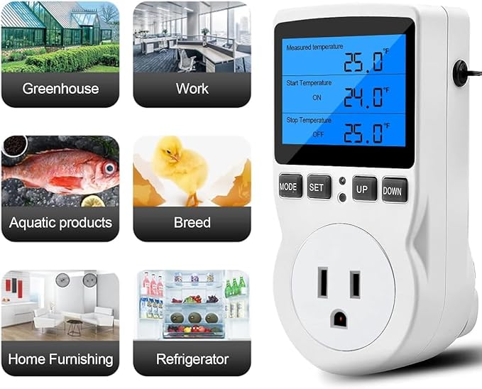 Diymore Digital Thermostat Controller - Plug-in Temperature Controller for RVs, Reptile Terrariums, and Greenhouses (1800W, -40°F to 248°F)