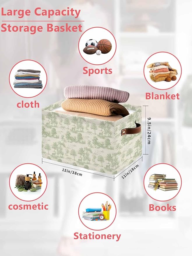 Tiger Leopard Storage Bins Cubes Waterproof Cloth Storage Basket, Green Country Retro Forest Trees Animals Foldable Storage Bags for Shelf Closet Clothes Organizers with Handles 15x11x9.5 in 2PCS