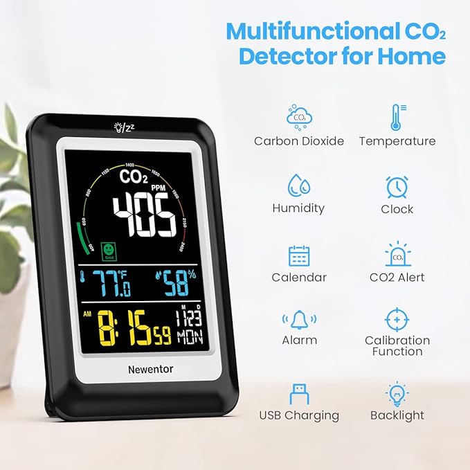 Newentor CO2 Monitor, Indoor Air Quality Meters, Carbon Dioxide Detector with Voice, Large Display CO2 Tester, Temperature Humidity Sensor, Alarm Clock for Home, RV, Grow Tents, Black