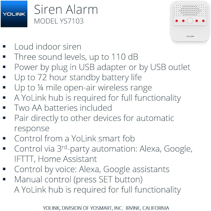 Smart Siren Alarm, Wireless Home Security Alarm with 110 dB Loud Audible Alerts, Remote Control, Compatible with Alexa, Google, Home Assistant, IFTTT - Hub Required
