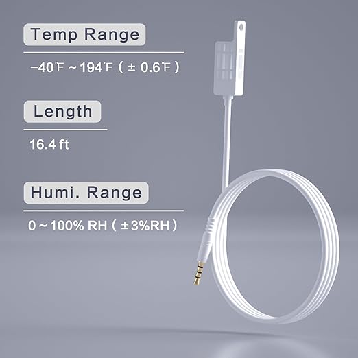 External Temperature & Humidity Sensor Probe – Waterproof, Wide Range (-40°F to 194°F, 0 to 100% RH), 16.4ft Length for Greenhouse, Farm, Industrial, Only for FALA IOT Detector, 5 Meters