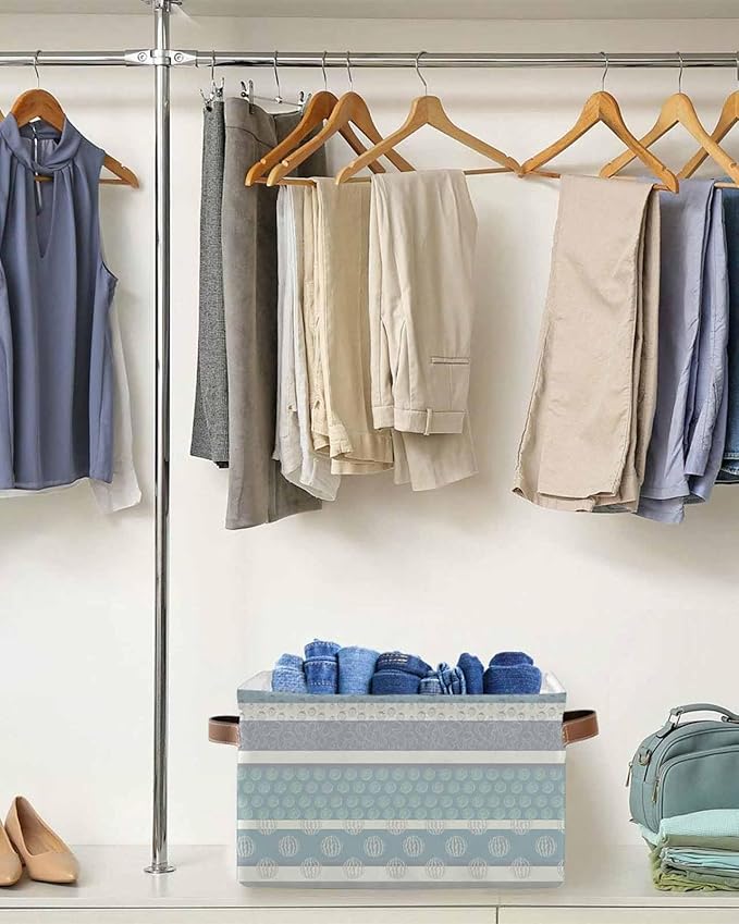 Farm Fruits Storage Bins Cubes Waterproof Cloth Storage Basket,Watermelon Lemons Peach Blue Grey Striped Foldable Storage Bags for Shelf Clothes Storages Organizers with Handles 15x11x9.5 in 2PCS