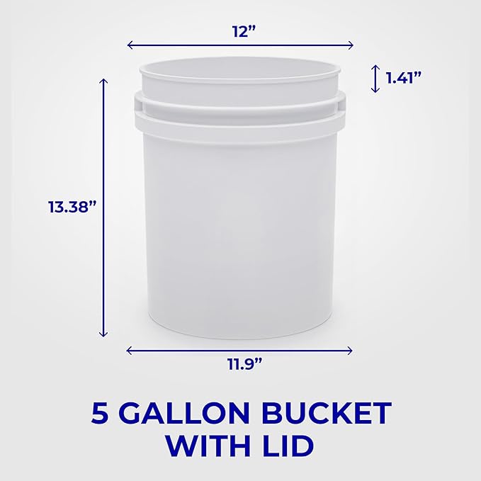 5-Gallon White Bucket Pail Container with Lid | Food Grade | Heavy-Duty 90MIL Extra Durable | Metal Handles with Plastic Grip for Easy Carrying | Multi-Use | Easy Stack and Store | BPA Free - 6 Pack