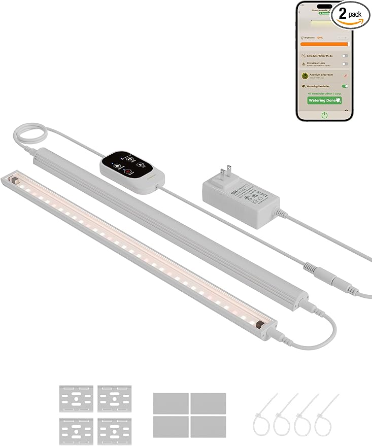 GLOWRIUM Smart Grow Lights for Indoor Plants with APP, Full Spectrum Grow Lights for Seed Starting, G6 Plant Light Strip with auto Timer, 3 Angle dimming Levels for Plant Shelf, 2-Pack (White, 16W)