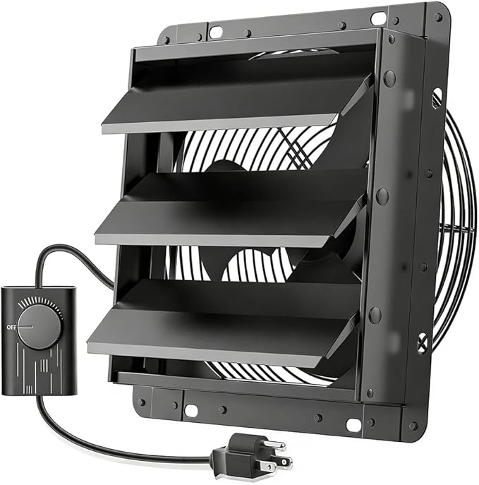 HG Power 10 Inch Shutter Exhaust Fan with Speed Controller, 647CFM High-Speed Vent Fan with, 1400RPM Wall Mounted Attic Fan for Shed, Garage, Greenhouse Ventilation, Black