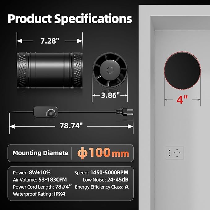 4 Inch Inline Duct Fan with Speed Controller, Upgraded Inline Fans High-Efficiency Exhaust Duct Fan, Low Noise HVAC Ventilation in Basement Bathroom Workshop Attic Grow Tent